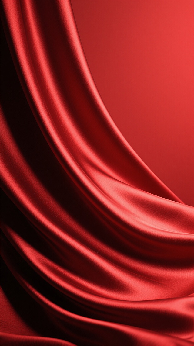 一张红色背景的海报，画面主体是由深红色到亮红色渐变的丝绸质感布料，布料呈现出自然垂坠的流畅波浪形态，具有强烈的光泽感和细腻的纹理，光线从左上方照射下来，在布料的褶皱处形成明显的高光和阴影对比，整体营造出奢华、大气且充满动感的氛围，背景简洁纯粹，没有任何文字和其他元素干扰，视觉层级清晰，信息传达直接，设计感十足。