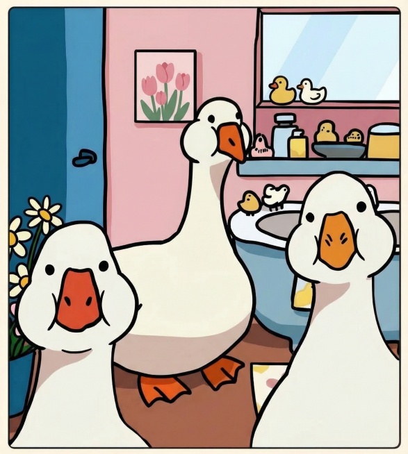 将三只鸭子的脸颊改鼓一点，墙上挂的画改为粉色郁金香，左侧的花朵改为小雏菊，镜子前的摆件换一下摆放位置，色调和风格不变预览效果