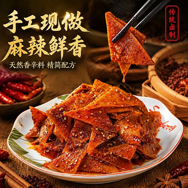 电商主图首图，手工麻辣三角豆干食欲诱惑场景。画面主体为一盘红油透亮的三角豆干，表面撒满白芝麻和辣椒碎，油光饱满诱人。背景为中式传统厨房木桌，散落干辣椒、八角、花椒、桂皮等天然香辛料，竹制托盘与粗陶碗点缀，营造手工现做的烟火气。一双黑筷子夹起两块豆干悬于盘上方，红油微微欲滴，动态感十足。商品主体占画面七成左右。保持豆干外观与输入产品图一致，三角形状、红棕油亮色泽、芝麻辣椒碎纹理不变。左上负空间左对齐文案，主标题大字粗笔书法体写手工现做 麻辣鲜香，下方辅助小字写天然香辛料 精简配方，字色为暖金色配轻微阴影。右上角红色印章式小标写传统卤制。自然暖阳侧逆光，突出豆干油亮通透感，光影柔和有层次，暖调中式烟火氛围。画面满屏无边框，超高清商业摄影质感。