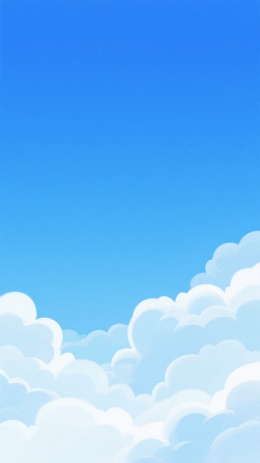 蓝天背景，纯净明亮的渐变蓝色天空，从顶部较深的天蓝色平滑过渡到接近地平线的淡蓝色，下方分布着形态蓬松、边缘柔和的白色云朵，云朵具有半透明的层次感和轻盈的质感，整体呈现出宁静、开阔、清新的氛围，画面简洁大方，色彩和谐统一，充满治愈感的插画风格。预览效果