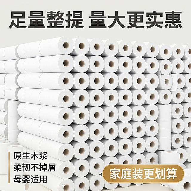 [垫图] https://gdesign-dam-hz.dancf.com/35974007200131208/8ff8e162af5a42d08e21ff4c79c4f6be.png
[主图主题] 大容量散装卫生纸囤货特惠
[氛围/风格] 震撼量感，性价比风
[画面元素] 大量散装卫生纸整齐平铺堆叠，满满一大箱铺满整个画面，展示出超大囤货量，背景为干净的浅灰色，整体视觉冲击力强
[配色色系] 主色调：纯净白；辅助色：浅灰、暖金色
[文字版式] 顶部主标题"足量整提 量大更实惠"，深灰色无衬线粗体；右下角暖金色胶囊标签"家庭装更划算"，白色文字；左下角三个卖点整齐排列：原生木浆、柔韧不掉屑、母婴适用，文字为深灰色，整体排版突出量大实惠的核心卖点
[比例分辨率] 800*800像素，2k分辨率