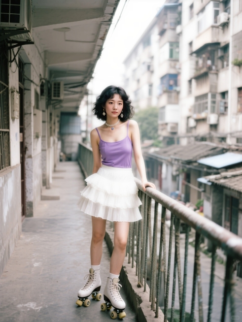 2001年的老式居民楼楼道，女人（穿复古紫色吊带搭配白色蛋糕裙、复古轮滑鞋，千禧年发型和配饰）靠着楼道围栏，围栏后是老巷子。看镜头。预览效果