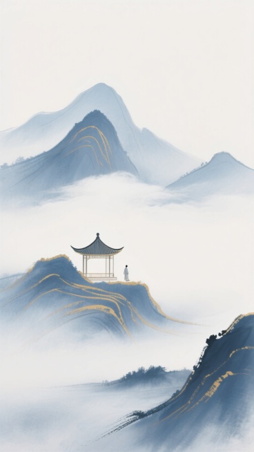 以蓝金色为主色调，山峦，云雾，山间一个亭子有人预览效果