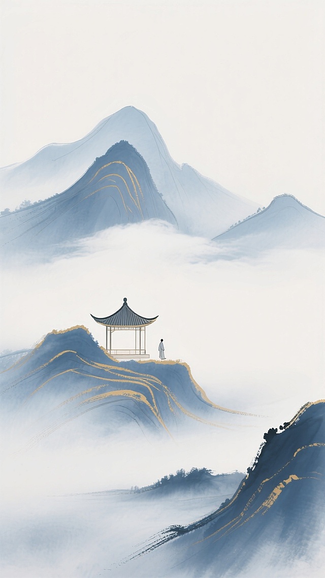 水墨风插画，山峦叠嶂间云雾缭绕，鎏金线条勾勒山脊，亭中孤影静立，尽显中式意境的朦胧与静谧之美。