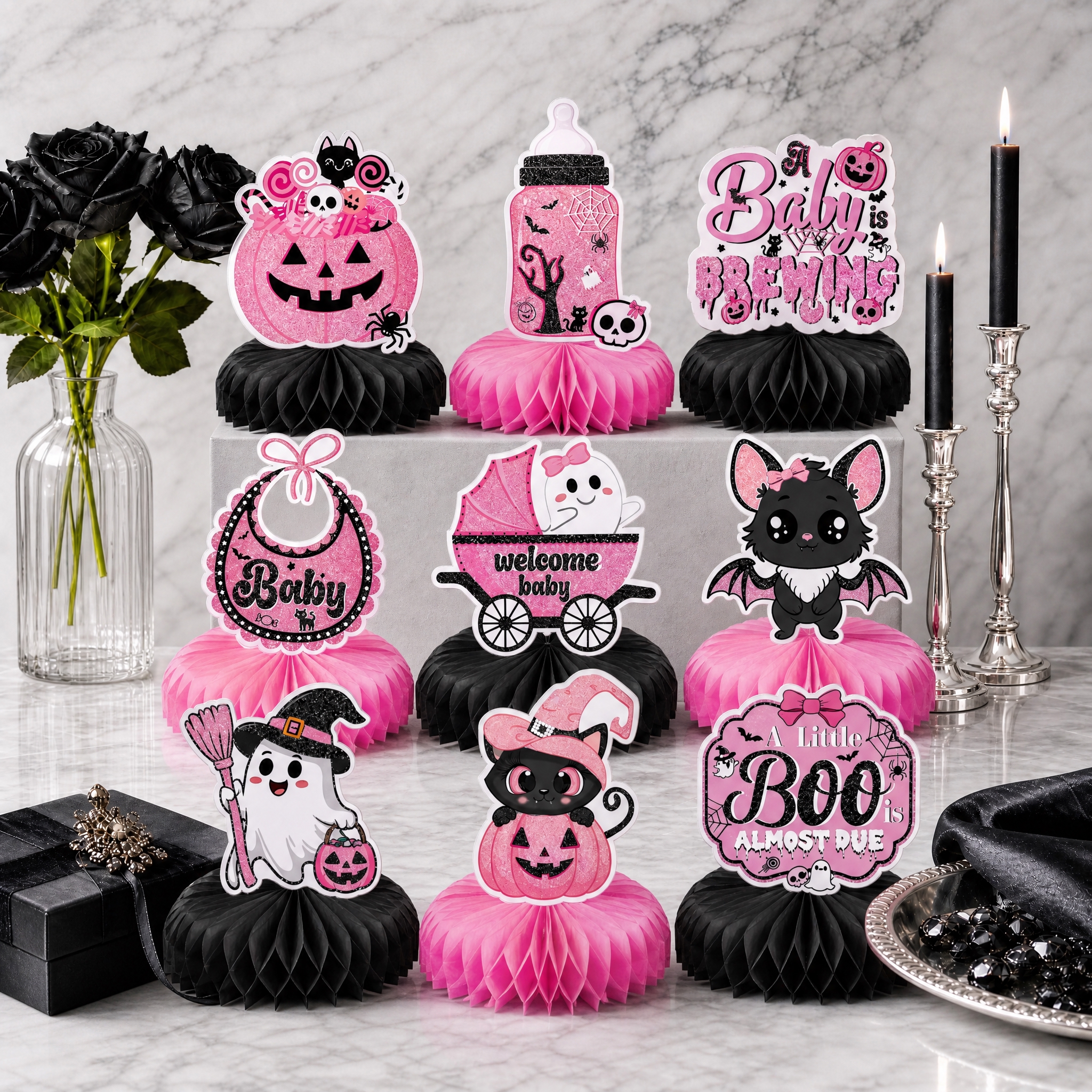 将图中所有产品替换为9件粉色万圣节婴儿主题蜂巢摆件，浅灰色大理… - 图片创意预览