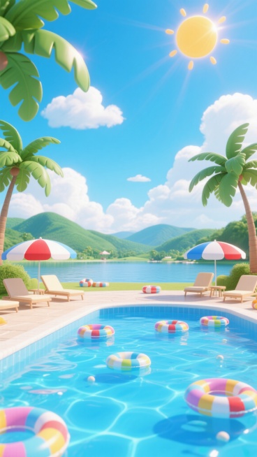 3D卡通风格夏日泳池场景，明亮通透的蓝白主色调，阳光灿烂的晴朗天空，漂浮着蓬松的白云，耀眼的太阳高挂天空并带有光晕效果，前景是清澈见底的蓝色泳池，水面波光粼粼，池边和水中散落着多个彩色条纹游泳圈，池畔有几把红白蓝相间的遮阳伞，伞下摆放着浅色的躺椅，周围环绕着高大的绿色棕榈树，远处背景是连绵起伏的绿色山脉和宁静的湖泊，整体画面充满轻松愉快的夏日氛围，光影明亮柔和，物体边缘圆润，呈现出可爱的卡通质感。预览效果