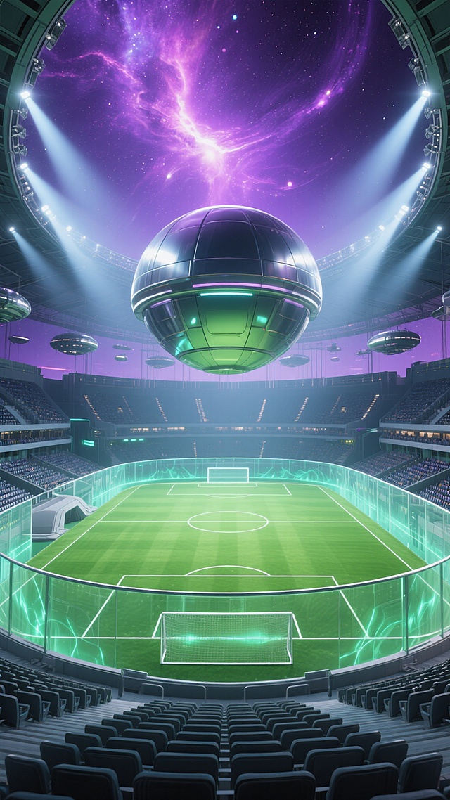 一个巨大的外星足球竞技场，拥有光滑的金属穹顶和未来感的透明围墙，内部是泛着奇异光芒的绿色能量草坪，四周环绕着悬浮的观众席，天空呈现出深邃的紫色并点缀着明亮的星云，强烈的聚光灯从穹顶边缘射出照亮整个场地，整体画面保持超写实的摄影风格，清晰锐利的细节，高对比度，明亮的光线效果和鲜艳的色彩搭配。