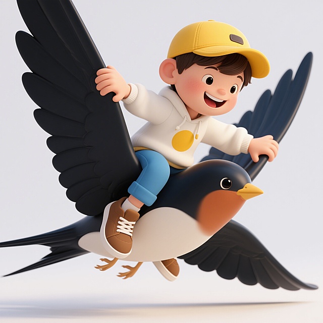 3D卡通风格，白色背景，一个面带灿烂笑容的儿童角色，男孩戴着黄色棒球帽，穿着白色带黄色圆形图案的卫衣、蓝色长裤、棕色运动鞋，骑在一支巨大的燕子上，燕子头朝右下方，男孩双手抓住燕子两侧，身体微微前倾，整体画面明亮欢快，充满童趣，光影柔和，角色造型圆润可爱，细节丰富，色彩鲜明且和谐统一