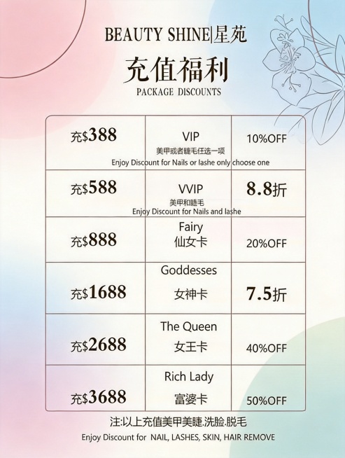 根据原图重新设计美容院充值福利价格表平面设计图，保留所有文案信息，设计风格清新高级，排版整齐美观，颜色协调，保留原表格的充值档位、会员等级、折扣和备注信息预览效果