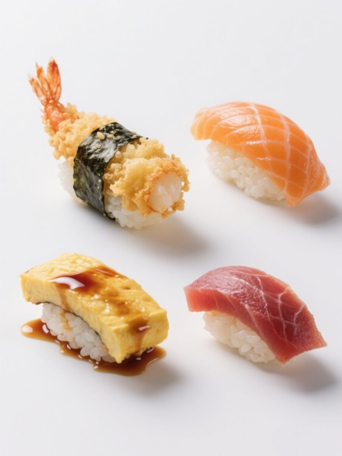 高清写实风格日料系列海报，纯白纯色背景，四个完全不同的日料寿司元素规整排布成系列素材集合。每个寿司元素都具有超写实的质感表现：金黄酥脆的天妇罗炸虾寿司，外壳呈现出油炸后的蓬松纹理与高光，内部虾肉鲜嫩多汁；三文鱼手握寿司，三文鱼片呈现出新鲜的橙红色泽与细腻脂肪纹理，鱼肉边缘微微卷起，搭配颗粒分明的醋饭；玉子烧寿司，厚切的金黄玉子烧表面光滑有光泽，内部组织细腻，带有微微的甜味光泽；金枪鱼腩寿司，深……预览效果