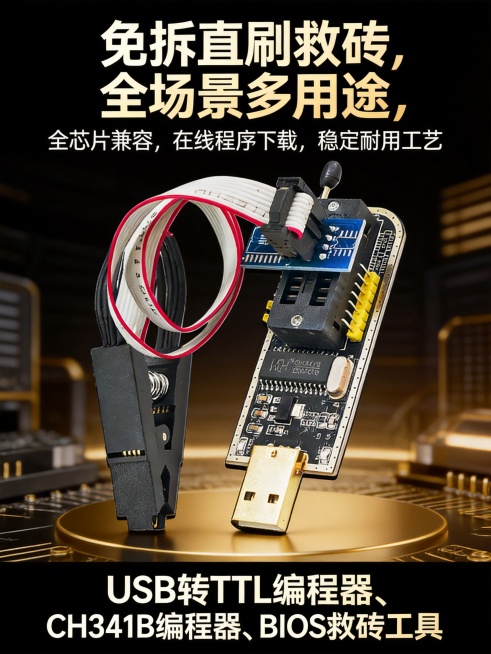 生成直播贴片，突出展示土豪金CH341系列编程器，上方醒目呈现核心卖点："免拆直刷救砖，全场景多用途，全芯片兼容，在线程序下载，稳定耐用工艺"，下方标注产品别名"USB转TTL编程器、CH341B编程预览效果