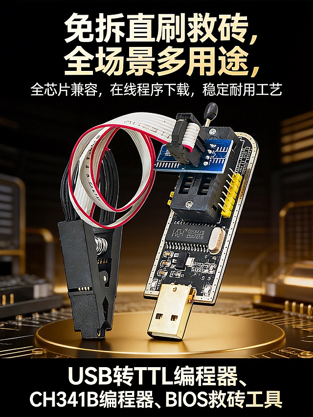 生成直播贴片，突出展示土豪金CH341系列编程器，上方醒目呈现核心卖点："免拆直刷救砖，全场景多用途，全芯片兼容，在线程序下载，稳定耐用工艺"，下方标注产品别名"USB转TTL编程器、CH341B编程器、BIOS救砖工具"，整体风格专业科技，配色贴合产品的黑金质感，文字清晰醒目
