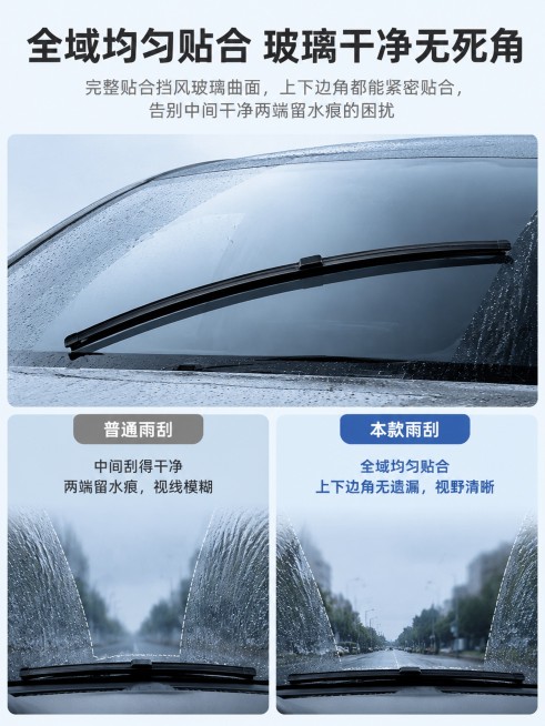 「图片1」「图片1」「图片1」使用体验・车主安心优势
静音降噪设计
钢片均匀弹力 + 端头缓冲护盖，消除雨刮摩擦吱呀声、高速抖动噪音，雨天车内安静不嘈杂。
全域均匀贴合
完整贴合挡风玻璃曲面，上下边角预览效果