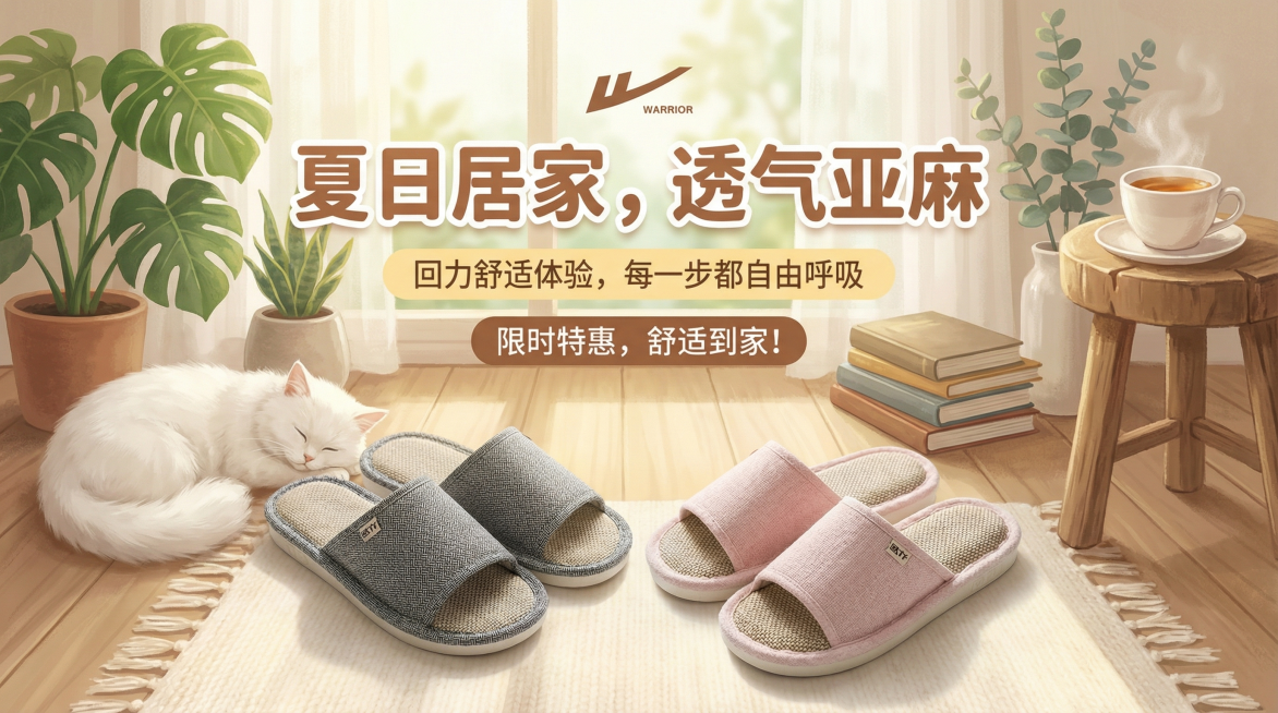生成一张家居日用类拖鞋电商banner，参考提供的回力亚麻拖鞋商品图进行设计，风格温馨可爱，具有电商营销吸引力，尺寸为727*416像素，整体设计突出拖鞋舒适透气的居家属性预览效果