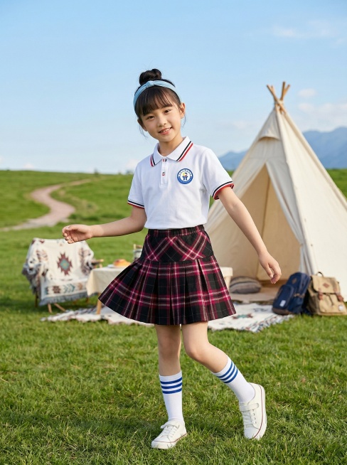 户外草坪露营场景，一个小学女孩身穿西昌市第三小学的校服：上衣为白色纯棉POLO衫，领口和袖口带有红黑白条纹，左胸口保留蓝色圆形校徽，校徽细节、LOGO位置、文字内容完全和参考图一致；下装为黑红格纹梭织预览效果