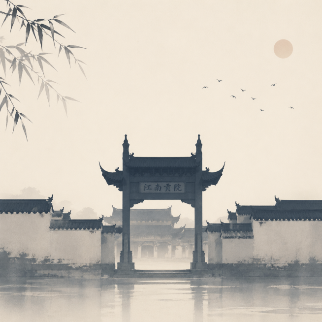江南贡院的剪影图片，简约意象风格，突出贡院古建筑轮廓，淡雅色调，简洁干净，保留江南传统建筑氛围感预览效果