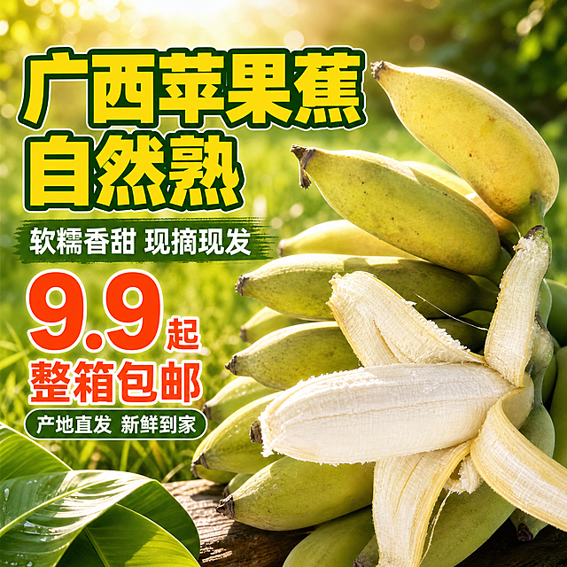 [主图-1] 广西苹果蕉首图点击率图，突出软糯香甜食欲感与现摘现发性价比。
[统一基调] 拼多多风格，大字直白，暖绿色主背景，主标题用粗黑体亮黄色字配深绿描边，辅助文案白色，强调色橙红色，整体饱满热闹有食欲，自然暖阳逆光质感。
[画面] 画面右侧主体是一串自然熟的苹果蕉，其中一根已剥开露出奶白色饱满果肉，果肉表面有细腻纹理，旁边摆放完整的青黄渐变苹果蕉，果实饱满圆润，果形短粗符合苹果蕉特征。背景是虚化的绿色果园草地，上方有阳光洒落形成光斑，左下角有几片新鲜香蕉叶点缀。产品占画面约65%，视角略微俯视，果肉朝向镜头展示诱人质感。
[光影质感] 自然暖阳逆光，果肉边缘有通透光晕，果皮表面有自然光泽和细微果粉质感，底部有柔和接触阴影，商业生鲜摄影质感。
[配色] 背景主色清新草绿渐变，标题字亮黄色带深绿描边，价格和强调字橙红色，辅助文案白色。
[文字版式] 左上方大标题粗黑体“广西苹果蕉 自然熟”，下方稍小字“软糯香甜 现摘现发”，再下方橙红色大字“9.9起 整箱包邮”，底部小字“产地直发 新鲜到家”。文字都放在左侧负空间，不遮挡主体香蕉。
[输出要求] 1:1正方形，2048px，文字清晰可读，产品清晰真实，禁止变形、错字、模糊、杂乱、水印、平台Logo、违禁词。