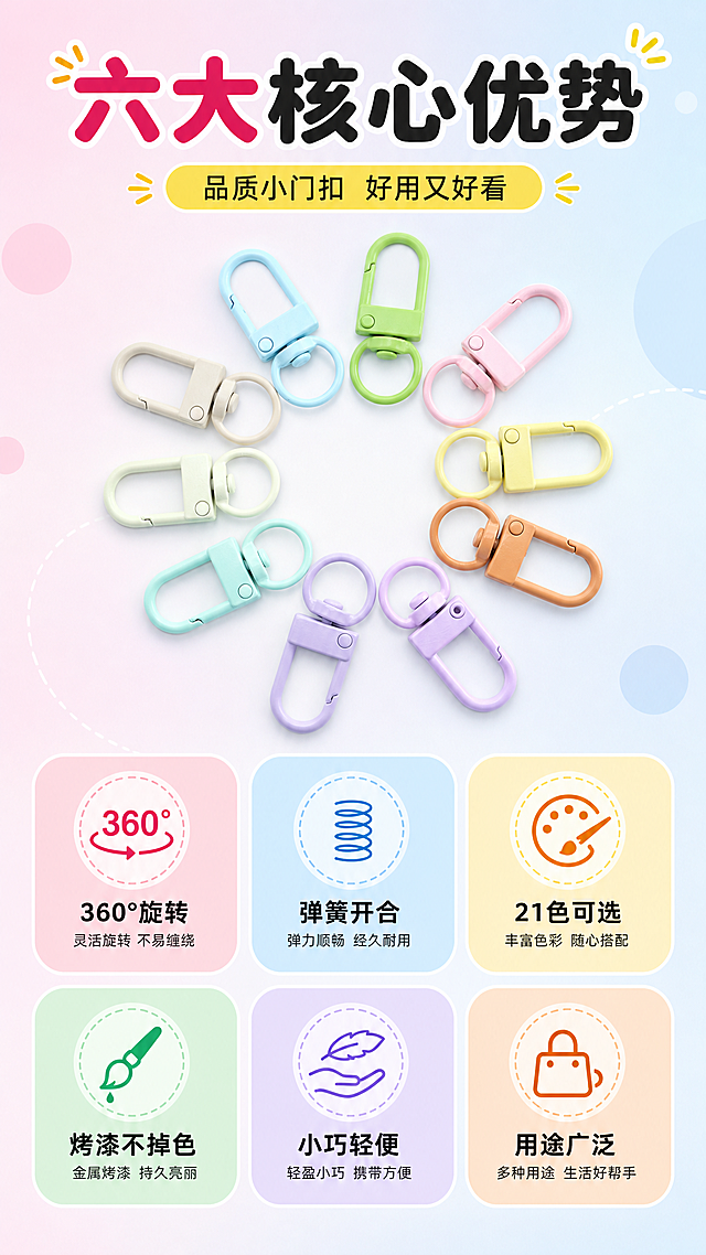 [商品] 使用【图4】马卡龙色小门扣环形排列图；保留门扣的形状、颜色、结构、弹簧开合设计和底部旋转圆环，保留金属烤漆质感，不改变门扣颜色和结构。
[画面] 目标：核心卖点总览页，展示小门扣的6大核心优势。构图：上方标题区，中间门扣产品展示，下方6个icon卖点卡2行3列排列。主体占画面40%，位于画面中上部。阅读动线：从上到下，标题→产品→卖点。前景：6个彩色圆角卖点卡；中景：门扣产品；后景：浅马卡龙渐变背景。
[视觉] 套系策略：风格=拼多多马卡龙风商业详情页；标题字=粗黑圆润卡通体；正文字=清晰黑体；主色=马卡龙粉+马卡龙蓝渐变；背景延展=浅粉蓝渐变背景，带柔和光晕和圆形装饰元素；强调色=亮黄色，用于标签和重点文字；标题色=深玫红色；正文色=深灰色；组件=圆角彩色信息卡、虚线引线、彩色标签；光影=顶部柔光，产品下方有自然投影。
[文字] 顶部主标题"六大核心优势"，副标题"品质小门扣 好用又好看"；6个卖点卡分别配图标和文字："360°旋转"、"弹簧开合"、"21色可选"、"烤漆不掉色"、"小巧轻便"、"用途广泛"；文字全部横向排版，卖点卡文字清晰可读。
[规格] 图片比例9:16竖版，4K，避免变形、错字、文字过小、门扣颜色失真、结构改变。