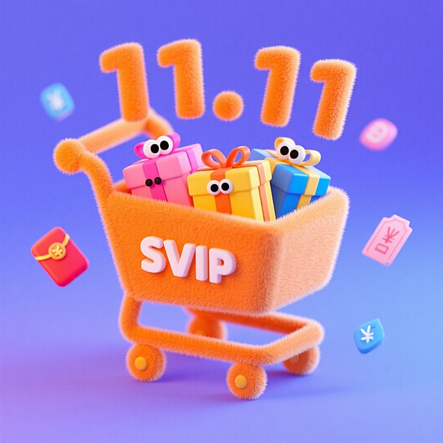 扁平矢量插画风格，一个简洁的亮橙色“SVIP”购物车轮廓，车内是扁平化的粉色、黄色、蓝色礼盒，礼盒上的大眼睛是极简的黑色圆点。购物车周围散布着简单的“11.11”立体块状字、红包和优惠券图标。背景是纯净的渐变蓝紫色。没有复杂的纹理和光影，采用大胆的色块和粗线条，布局活泼，现代简约，适合电商宣传。