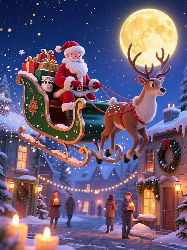 梦幻3D风圣诞夜，软萌卡通鹿拉雪橇飞越雪镇，暖光烛火与满月交织，营造温馨喜庆氛围。