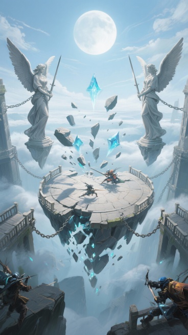 中心对称空中战斗平台，破碎的天使雕像（持剑带翼）在画面两侧，悬浮碎石与断裂锁链，巨大圆形石质平台撑满画面一半，两侧护栏，云雾背景，明亮月光（天空光源），崩坏遗迹风格，卡通奇幻风，游戏战斗地图，通透光影预览效果