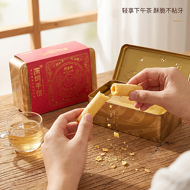 [主图 4] 荔枝鸡蛋卷食用场景展示
[氛围风格] 温馨自然，生活化场景，增强代入感
[画质] 商业摄影质感、光线柔和通透、产品清晰真实、画面干净高级
[元素] 温馨原木餐桌场景，一手拿取一根荔枝鸡蛋卷，鸡蛋卷断裂酥脆掉渣，掉渣动态瞬间被捕捉，旁边放着打开的铁盒和一杯清茶，营造休闲下午茶氛围。保持鸡蛋卷和铁盒外观与输入产品图绝对一致，杜绝任何变形和色差，精细化处理。画面主体突出，商品占比约70%，满屏无边框。
[光影] 柔和窗边自然光，暖调氛围，营造轻松舒适的下午茶感觉，光影层次自然。
[配色] 原木暖色调搭配产品红色包装，整体温暖明亮，舒适悦目。
[视角构图] 第一人称模拟Vlog抓拍视角，焦点在拿取的鸡蛋卷和掉落的碎渣上，景深自然。
[文字版式] 右上角简洁文字：轻享下午茶 酥脆不粘牙。文字小巧不遮挡主体。
[比例分辨率] 1:1 比例，2k 分辨率；文字清晰锐利，画面超高清。
[负向提示词] 变形，水印，文字错乱，产品图模糊，背景杂乱