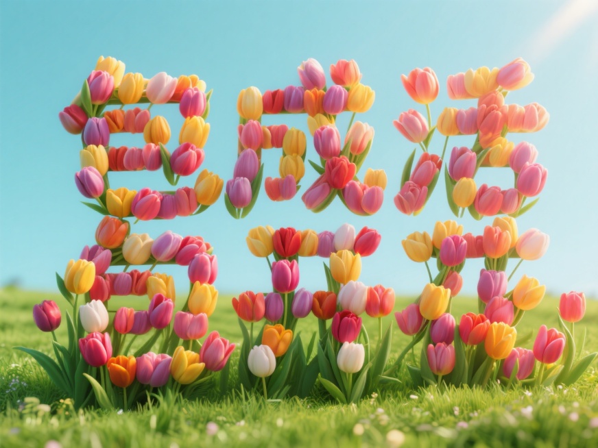 郁金香花组成的“包成活包开花”大字预览效果