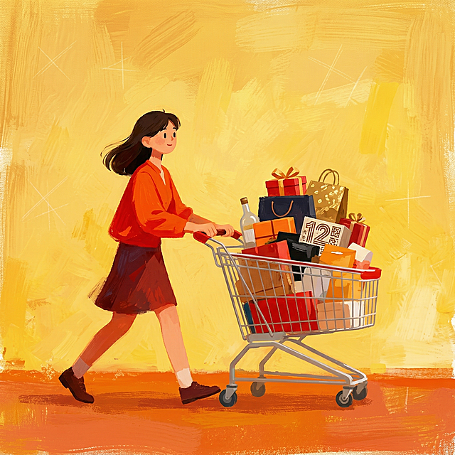 和参考图片同种类型，卡通插画偏油画风格，双十二主题，一个女人推着装满购物商品的购物小车，无文字，简洁干净，暖黄橙色调，保持相同画风