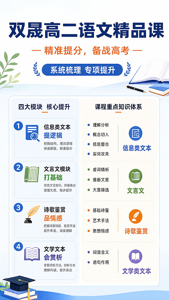 简约清晰教育风格课程营销海报，9:16，主标题“双晟高二语文精品课”，副标题“精准提分，备战高考”，装饰文案“系统梳理 专项提升”，左栏分点展示四大模块卖点：1.信息类文本提逻辑 2.文言文模块打基础 3.诗歌鉴赏品情感 4.文学文本会赏析，右栏参考原图结构保留重点知识点列表：理解分析、概念切入、信息整合、实词攻关、虚词精析、推断文意、大意筛选、基础诗鉴、艺术手法、思想情感、词语含义、语句作用，对应右侧模块标题：信息类文本、文言文、诗歌鉴赏、文学类文本。整体配色清新专业，排版精美，层级分明，所有文字清晰可读，背景简洁干净，适合教育培训招生使用，版式精美，4K分辨率