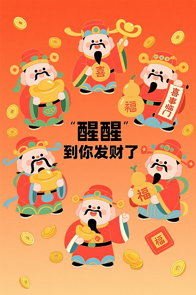 国潮风插画，拟人化财神团环绕金元宝与福字，扁平设计融合剪纸元素，喜庆卡通感十足，传递新春发财祝福。