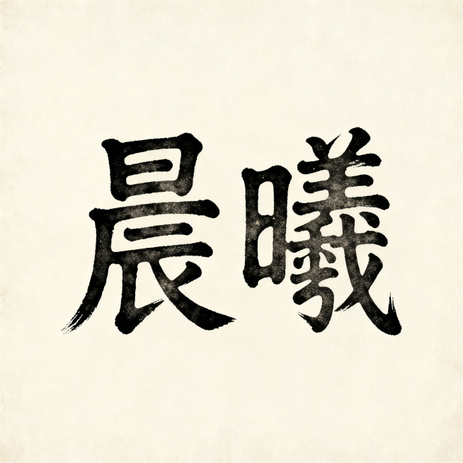复古小篆字体写"晨曦"两个字，古风书法质感，古朴典雅，背景干净预览效果