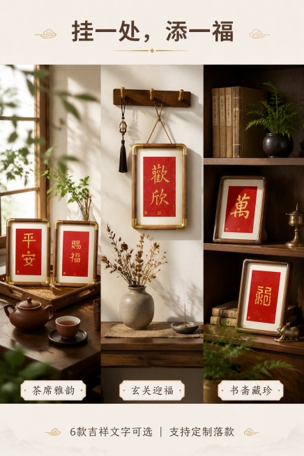 [第2屏] 场景种草-多款拓片生活化陈列。本屏使用【图1】中“平安”“赐福”“萬”三款拓片作为商品主体，保持相同装裱风格与色彩体系。[氛围/风格] 生活实景风，低饱和暖调，强调“可融入日常”的文化轻奢预览效果