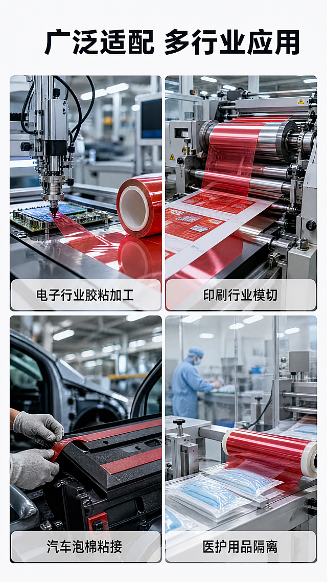 [第3屏] 适配场景展示页，展示红色PET离型膜的多行业应用。
[氛围/风格] 四宫格场景拼图，浅灰背景，每个场景展示真实应用环境，清晰专业。
[元素布局] 页面顶部放置标题，标题下方平均分为四个场景方格，每个方格展示一个应用场景，分别为：电子行业胶粘加工、印刷行业模切、汽车泡棉粘接、医护用品隔离。每个场景方格底部标注场景名称，整体构图均衡，信息清晰。
[光影质感] 每个场景光影统一，自然真实，场景边缘清晰，文字标注清楚。
[配色色系] 全局底色：#F8F9FA；场景边框：#E5E6EB；标题文字：#1D2129；场景标注：#FFFFFF（深色背景上）。
[视角构图] 每个场景方格雷区构图，整体竖向排列，四宫格均分。
[文字版式] 顶部大标题"广泛适配 多行业应用"深色粗体居中，每个场景方格底部标注场景名称，白色半透明底深色文字，清晰可读。
[比例分辨率] 9:16竖版比例，4K分辨率，文字清晰可辨，超高清。
[负向提示词] 场景变形，文字不清，配色刺眼，构图失衡，水印。