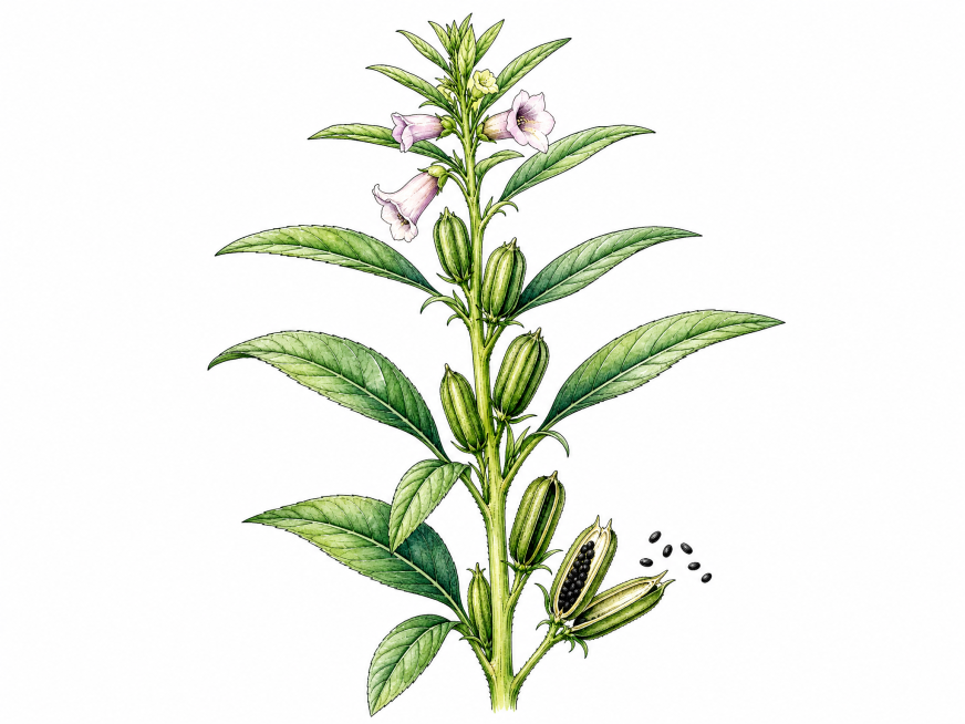 带颜色手绘插画，仅包含矮株黑芝麻植物，符合黑芝麻生长规律，纯净无背景，适合包装使用，色彩自然清新预览效果