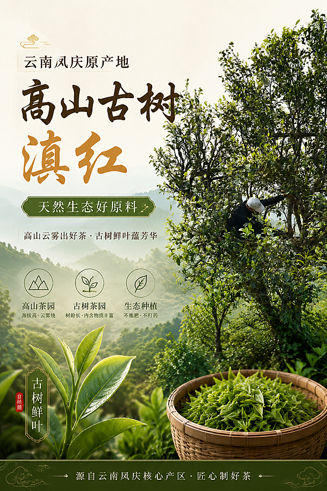 拼多多滇红金芽电商详情页，背景是云南大叶种古树茶园，采茶人正在古茶树上采摘鲜叶，配文字：云南凤庆原产地，高山古树滇红，天然生态好原料，整体风格中式自然，适合茶叶详情页设计
