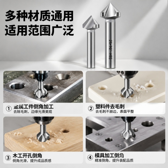 [主图-4] 白钢倒角刀多场景适用展示
[氛围风格] 真实工业应用场景展示，多宫格排版
[画质] 清晰真实的应用场景，每个场景画质统一，产品清晰
[元素] 上方展示完整倒角刀产品居中，保持产品外观与原预览效果