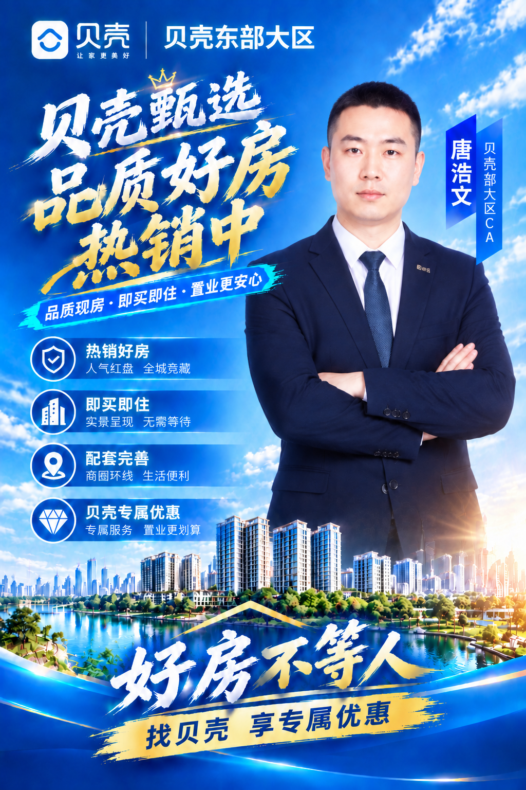基于上一张唐浩文贝壳房产海报的版式骨架和蓝金商务风格，将人物替… - 图片创意预览