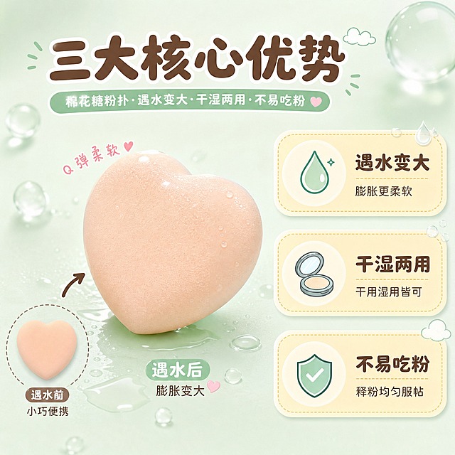 [主图-2] 核心卖点功能展示，突出棉花糖粉扑遇水变大、干湿两用、不易吃粉三大核心优势。
[统一基调] 整体风格：可爱治愈马卡龙风，少女感品质静物摄影；背景主色：奶油白+淡薄荷绿渐变；标题字色：深棕色/巧克力棕；辅助字色：薄荷绿；强调色：奶黄色+浅粉色；字体样式：圆润可爱非衬线体，粗体大标题，细体辅助文；卡片/图标/边框：圆角软萌卡片，虚线边框，小水滴/小云朵装饰元素。
[画面] 画面采用左右分栏+中心产品构图。中心偏左位置放大展示一颗遇水膨胀后的爱心粉扑（比干态大一圈），旁边用箭头对比示意：左侧小图标展示干态小粉扑，右侧是膨胀后的大粉扑，标注"遇水变大"。右侧竖向排列三个圆角卖点卡片，每张卡片配可爱图标和简短文案。背景是淡薄荷绿渐变，点缀透明水滴元素和气泡，营造水润清透感。
[光影质感] 商业美妆摄影质感，柔和自然光，粉扑表面呈现湿润后的饱满光泽，海绵气孔细腻可见，水滴晶莹剔透，整体光影均匀干净。
[配色] 主背景奶油白+薄荷绿渐变，深棕色标题字，薄荷绿辅助色，奶黄色卡片底色，整体清新水润。
[文字版式] 顶部主标题："三大核心优势" 大号圆润粗体深棕色；右侧三个卖点卡片从上到下：1) 水滴图标 + "遇水变大" + "膨胀更柔软"；2) 粉饼图标 + "干湿两用" + "干用湿用皆可"；3) 盾牌图标 + "不易吃粉" + "释粉均匀服帖"。卡片为奶黄色圆角矩形，文字深棕色，图标薄荷绿。
[输出要求] 1:1正方形比例，文字清晰可读，产品清晰锐利；负向：变形、错字、模糊、杂乱、水印、平台Logo、夸张变形、产品悬浮。