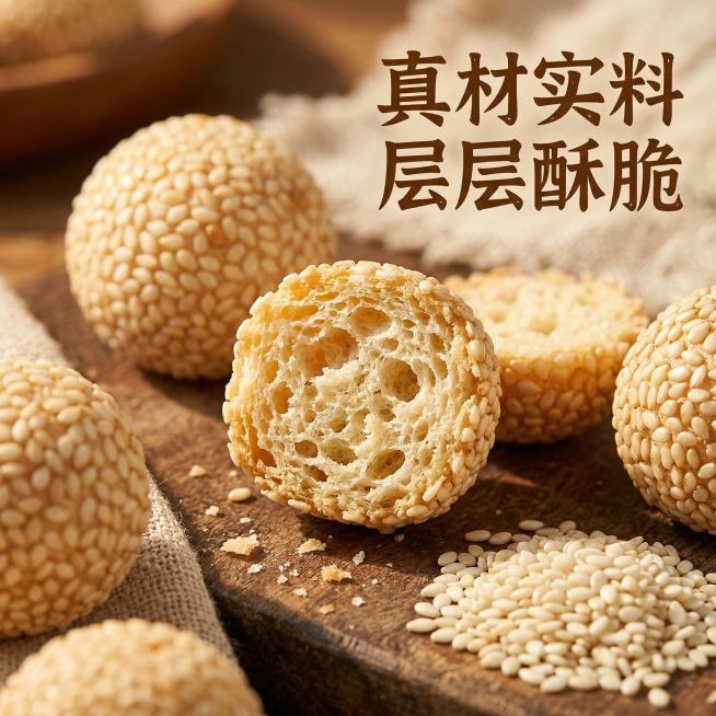[主图 3 细节工艺]
[主图主题] 芝麻小圆饼工艺细节展示
[氛围/风格] 暖色调写实风格，暖阳光影，突出酥脆质感
[画面元素] 切开剖面特写展示芝麻小圆饼内部疏松结构，周围摆放完整饱满的白芝麻原料预览效果