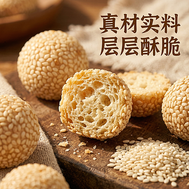 [主图 3 细节工艺]
[主图主题] 芝麻小圆饼工艺细节展示
[氛围/风格] 暖色调写实风格，暖阳光影，突出酥脆质感
[画面元素] 切开剖面特写展示芝麻小圆饼内部疏松结构，周围摆放完整饱满的白芝麻原料，清晰展示用料，产品保持外观特征与原图一致，体现酥脆掉渣的层次感
[配色色系] 暖米黄为主，浅棕色芝麻为辅，自然暖色调
[视角构图] 微距平视特写，主体占据画面中心
[文字版式] 标题 "真材实料 层层酥脆" 暖棕色粗体悬浮于画面右上角，左侧留出空间展示产品，不遮挡剖面细节，排版简洁清晰
[比例分辨率] 2k分辨率