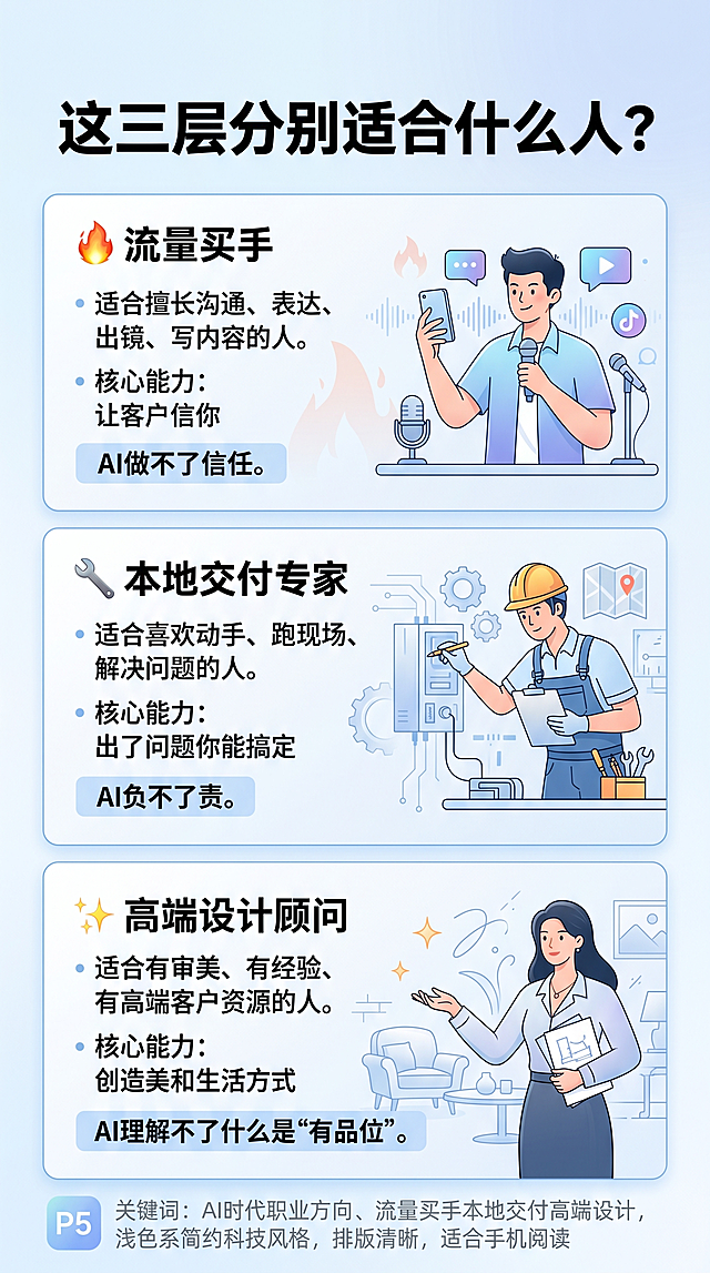 小红书图文P5，大标题“这三层分别适合什么人？”，正文：🔥 流量买手——适合擅长沟通、表达、出镜、写内容的人。核心能力是“让客户信你”。AI做不了信任。🔧 本地交付专家——适合喜欢动手、跑现场、解决问题的人。核心能力是“出了问题你能搞定”。AI负不了责。✨ 高端设计顾问——适合有审美、有经验、有高端客户资源的人。核心能力是“创造美和生活方式”。AI理解不了什么是“有品位”。关键词：AI时代职业方向、流量买手本地交付高端设计，浅色系简约科技风格，排版清晰，适合手机阅读