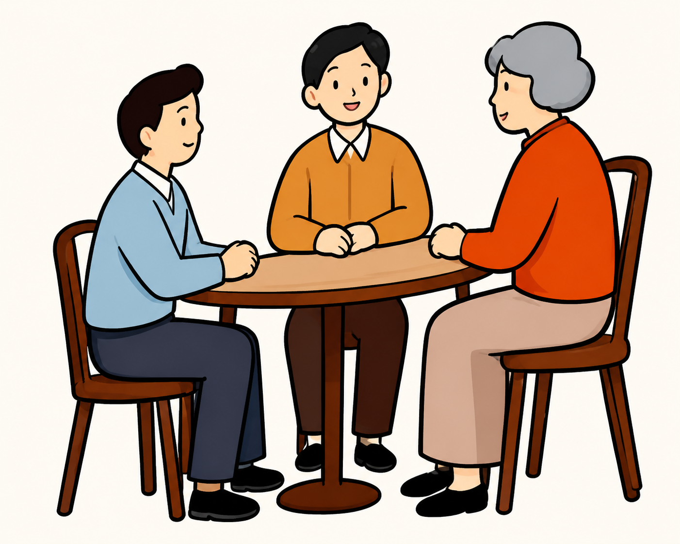 基于参考图生成高清清晰的图片，保留三人围坐桌旁聊天的卡通风格和… - 图片创意预览