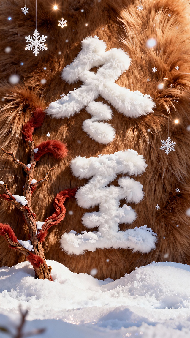 薄雪堆出 “冬至” 艺术字，旁边有棕红色枯枝，暖棕色背景，雪花带着小光点落下