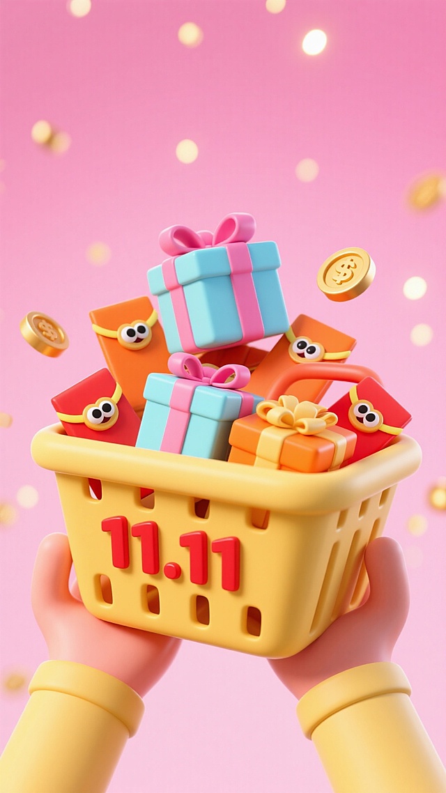 体积很大的黄色购物篮占据了画面的绝大部分，购物篮旁有两只较大的手托着篮子，篮子上印有醒目的红色“11.11”字样，篮内堆叠着一个浅蓝色礼盒（粉色丝带），一个橘色礼盒还有其他几个礼盒，一个的红包，篮子里还有几个金币。篮子内的物体都有一双可爱的眼睛。背景为渐变粉红与金色光点，增强节日感。渐变粉色背景。