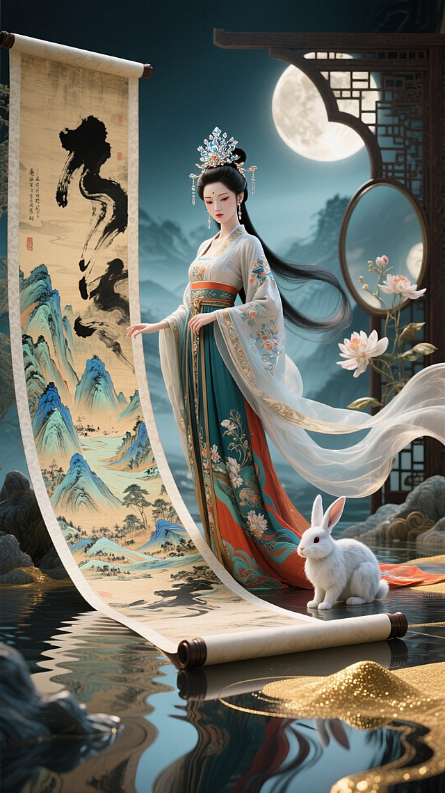 水墨风与工笔风交融，古典美人立于卷轴之上，月光映照下的静谧庭院，白兔相伴，光影朦胧，唯美感与梦幻感交织，尽显中秋佳节的优雅与文艺意境。