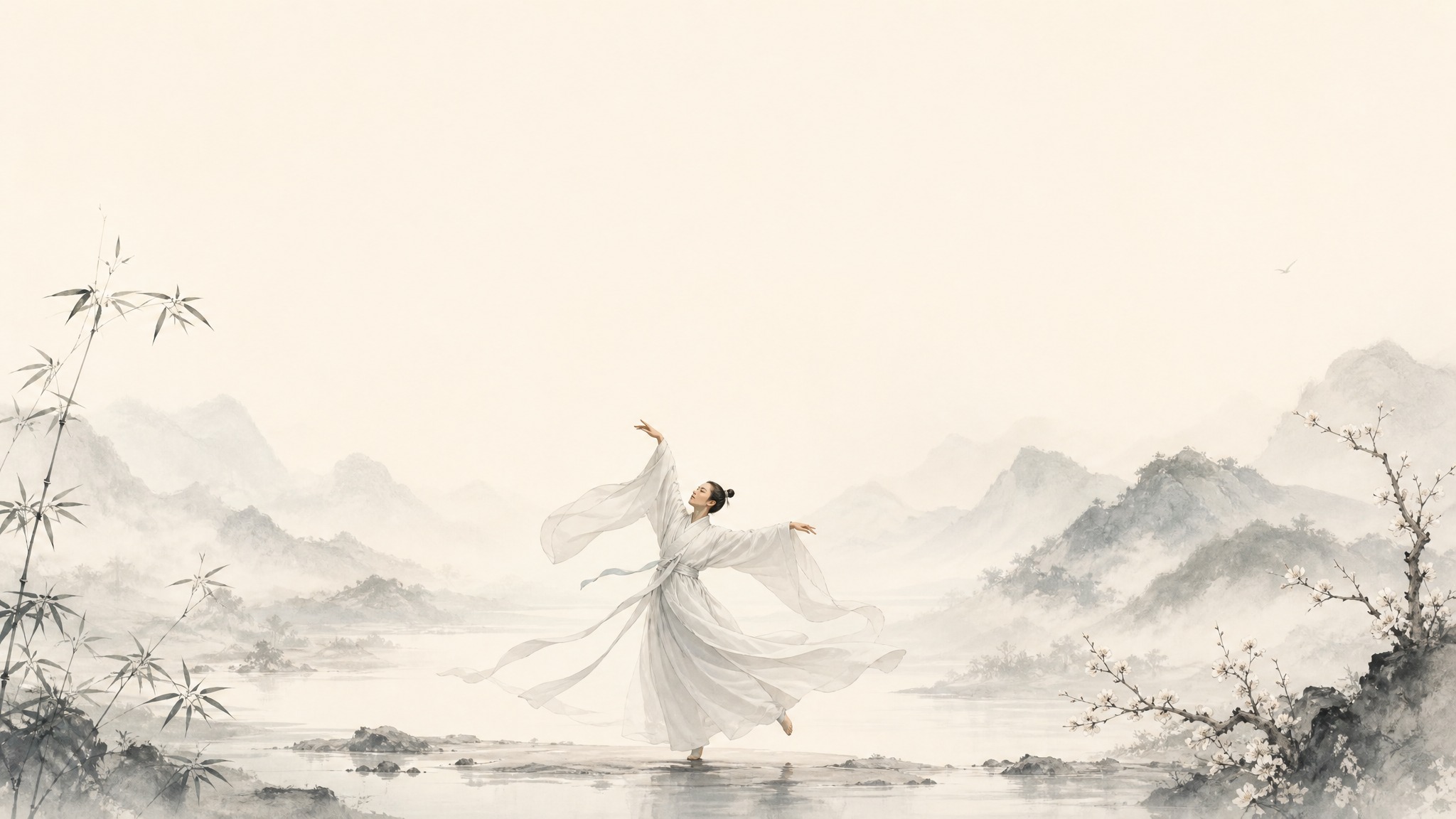 公众号横版封面，禅意风格。画面中央一位禅舞修行者身着素白宽松长… - 图片创意预览