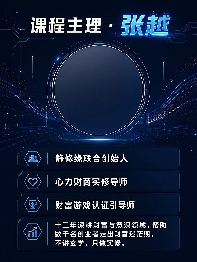 [第6屏] 课程主理导师张越介绍页。现代科技感个人介绍设计，深蓝色背景。顶部标题"课程主理 · 张越"，上方预留导师头像位置，下方为导师履历：静修缘联合创始人 / 心力财商实修导师 / 财富游戏认证引导师，十三年深耕财富与意识领域，帮助数千名创业者走出财富迷茫期，不讲玄学，只做实修。履历文字分段展示，头像区域用圆形半透明卡片框起，背景加入抽象科技线条装饰。名字用科技蓝色发光效果。配色：深蓝背景#0F172A，科技蓝色名字，白色履历文字。宽高比3:4，1080×1440，4K，文字清晰。