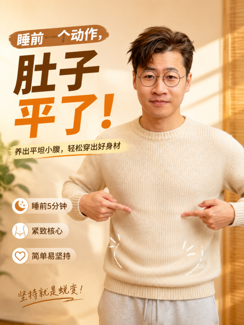 小红书竖版封面，画面比例3:4，根据参考图的人物形象，生成东亚男性小舅形象，小舅手指着自己肚子，配文："睡前一个动作，肚子平了！"，暖色调健康养生风格，清晰文字排版预览效果