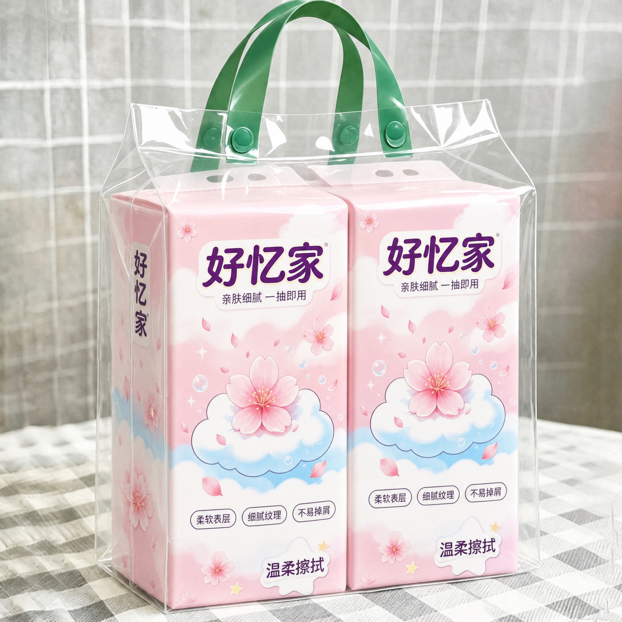 将图中两提悬挂式卫生纸的白色外包装图案全部替换为参考图中的樱花… - 图片创意预览