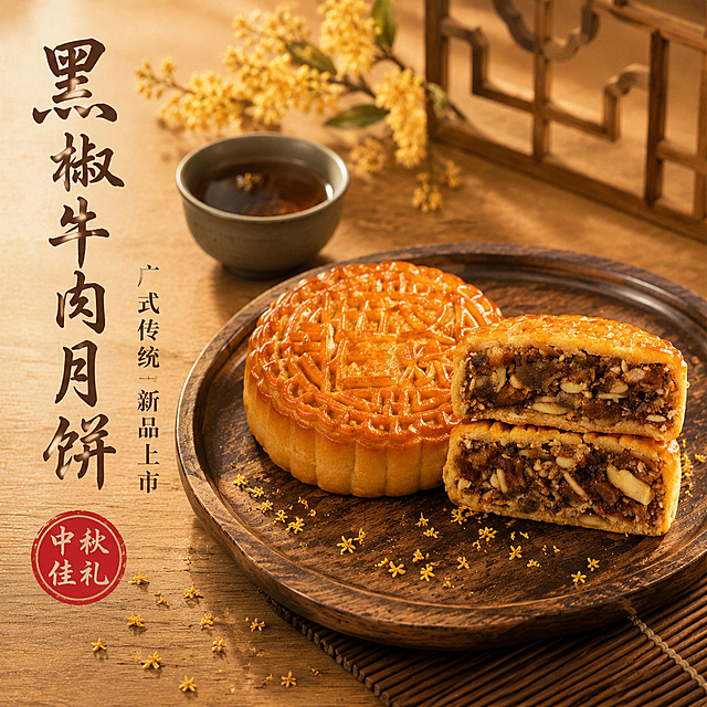 [主图-1] 黑椒牛肉广式月饼新品上市首图，食欲感场景。
[氛围风格] 中式传统中秋氛围，温暖雅致，商业美食摄影质感；
[画质] 超高清商业摄影质感、光线柔和通透、月饼清晰真实、画面干净高级、馅料纹理细腻可见。
[元素] 画面右侧主体为完整的广式黑椒牛肉月饼，旁边叠放两块切开的月饼剖面，清晰展示丰富的黑椒牛肉馅料与果仁，饼皮金黄油亮带有精致花纹。月饼放置在深棕色木质圆盘上，盘边散落少许桂花点缀。背景为暖木色桌面，左上方有古朴陶制茶盏与桂花枝，远处虚化的中式木窗棂营造中秋意境。**保持月饼外观（即物理结构、材质质感、颜色、花纹）与输入产品图一致，杜绝任何变形和色差，精细化处理**。商品主体占比约65%，画面满屏无边框。
[光影] 自然暖阳侧逆光为主光，从右上方斜射，勾勒月饼金黄油亮的边缘光泽；左侧柔和补光提亮馅料细节，暗部有层次不发死；整体暖调，营造温馨诱人的中秋午后氛围。
[配色] 主色暖木棕与金黄（月饼与木盘）；辅色深棕红（馅料）；点缀色鹅黄（桂花）。
[视角构图] 45度俯视偏平视视角，月饼主体位于画面右下方视觉重心；前中后景分层，背景虚化突出主体，景深中等。
[文字版式] 画面左侧负空间竖排与横排结合，左上竖排大字主文案"黑椒牛肉月饼"，粗笔书法体，深棕色，字号最大；下方横排辅助文案"广式传统 新品上市"，细宋体，同色系，字号约为标题的1/3。左下角圆形印章式红底白字小标"中秋佳礼"。文案全部放在左侧负空间，不遮挡月饼主体。
[输出要求] 1:1比例，文字清晰锐利可辨，超高清商业美食摄影质感。
[负向提示词] 变形，文字错乱，产品模糊，背景杂乱，水印，电商平台Logo，月饼变形，馅料失真，颜色偏差。